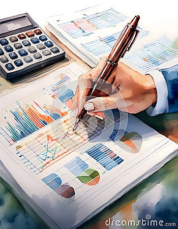 Close up view of man's hands analyzing colorful charts and graphs with a pen and calculator, representing data analysis. Stock Photo