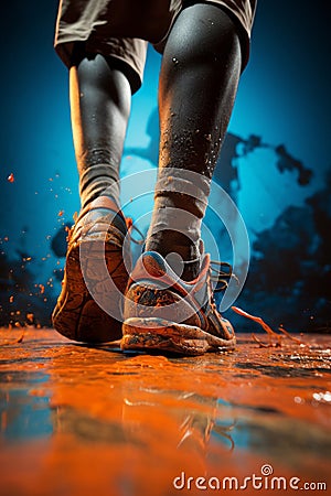 Close-up view of a man's sneakers as he walks across a surface covered in bright orange paint Stock Photo