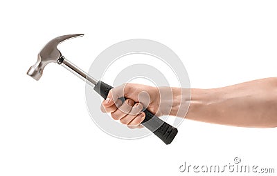 Close-up view of a man's hand holding hammer, isolated on white background Stock Photo