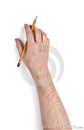 Close up view of man's hand holding pencil isolated on white background Stock Photo