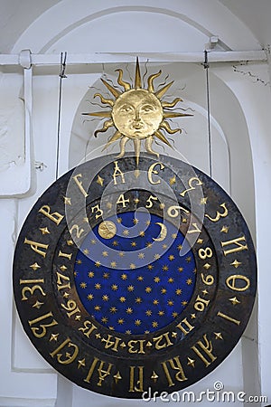 Medieval clock in the Assumption Church of the 16th century in Alexandrovskaya Sloboda in Alexandrov, Russia Stock Photo