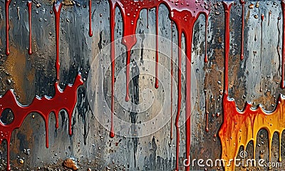 close-up view metal surface with dripping, dripping, dripping pattern red and yellow paint, creating dynamic Stock Photo