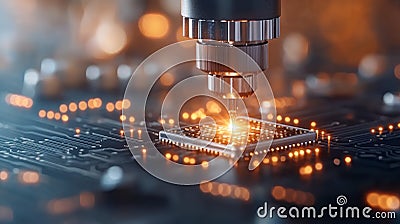Close-up view of a microchip being analyzed with precision equipment. Glowing connections illuminate advanced circuitry Stock Photo