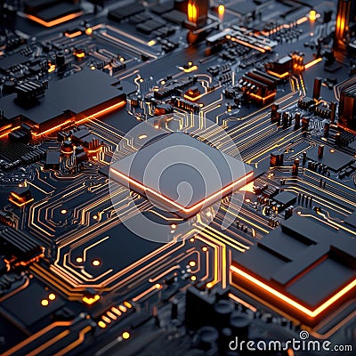 Closeup view of a modern circuit board with glowing lines and a central processor showcasing advanced technology and electronics Stock Photo
