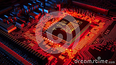 Close-up view of a modern GPU card with circuit and colorful lights and details 3D rendering Stock Photo