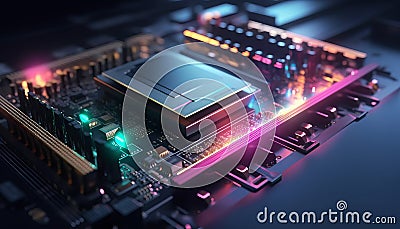 Close up view of a modern GPU card with circuit and colorful lights and details 3D rendering. Generative ai Stock Photo