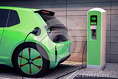 Close up view of a modern new green electric car hatchback that is parked and charging at an electric car charging Stock Photo