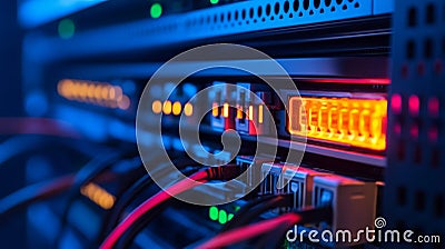 A closeup view of a network server rack with glowing lights highlighting the interconnectedness and complexity of modern data Stock Photo