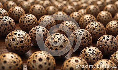 close-up view numerous spherical objects with textured surface, arranged in grid-like pattern. Stock Photo