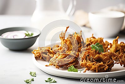A plate of crispy onion bhajis, made with chickpea flour and a blend of fragrant spices. (Generative AI) Stock Photo