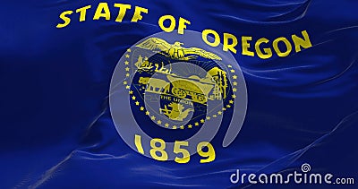 Close up view of the Oregon state flag waving Cartoon Illustration