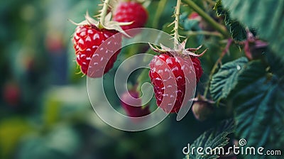 Close-up view of an overripe raspberry hanging from a lush green bush Stock Photo