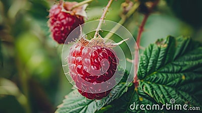 Close-up view of an overripe raspberry hanging from a lush green bush Stock Photo
