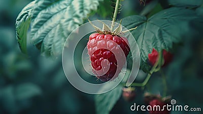 Close-up view of an overripe raspberry hanging from a lush green bush Stock Photo