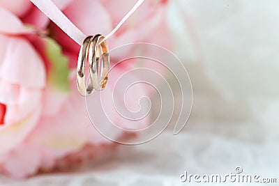 Close up view of pair golden wedding rings Stock Photo