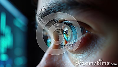 Close-up view of person eye focused intently. Reflection of complex data stats on computer screen subtly visible in eye. Serious, Stock Photo