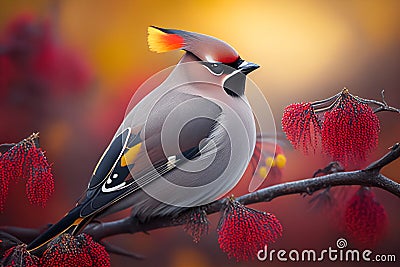 Close-up view of photo realistic colorful Bohemian Waxwing bird Stock Photo