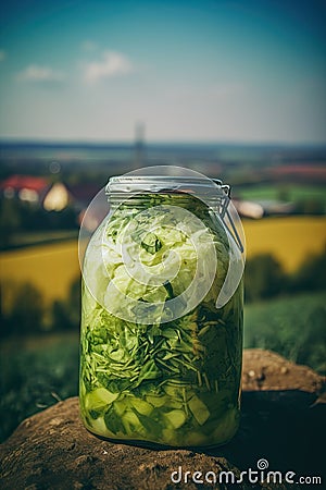 Close-up view of pickled cabbage glass jar. Rural background. Stock Photo