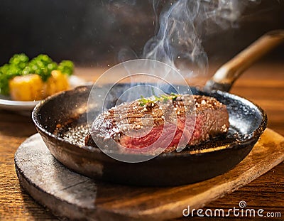 A close-up view of a piece of Wagyu steak cooking in a hot pan on a wooden table Stock Photo