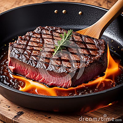 A close-up view of a piece of Wagyu steak cooking in a hot pan on a wooden table. The steak is searing and sizzling as it cooks, Stock Photo
