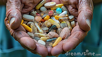 A close-up view of a pile of pills, tablets, vitamins, and medications held in mature hands Stock Photo