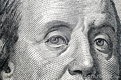 Close up view Portrait of Benjamin Franklin on the one hundred dollar bill. Background of the money. 100 dollar bill with Benjamin Editorial Stock Photo