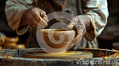 Close-up view of a pottery artist carefully shaping the stem of a goblet on a spinning wh Stock Photo