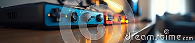Close-up view of a power strip with illuminated lights for efficient energy use and device management Stock Photo
