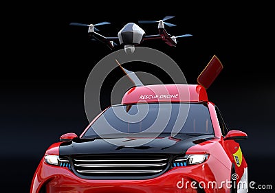 Close-up view of quadcopter drone take off from electric rescue SUV Stock Photo