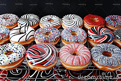 Assorted Donuts Rack Display. Generative AI Stock Photo