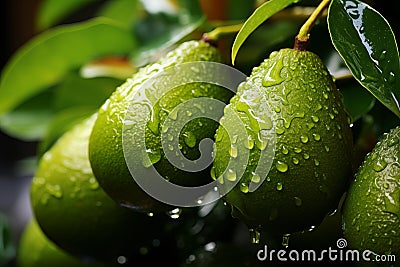 Close-up view of raindrop-covered green avocados growing on trees in an avocado farm Stock Photo