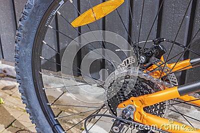 Close up view of the rear wheel of mountain bicycle speeds - rear sprockets. Editorial Stock Photo