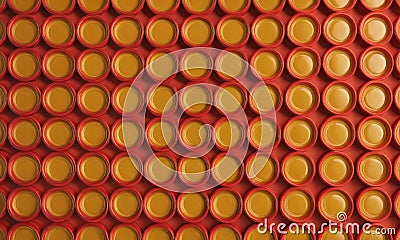 close-up view red and yellow patterned surface, featuring repeating pattern circular shapes with varying Stock Photo