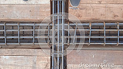 Close up view of reinforcement of concrete Construction rebar steel work reinforcement at a construction site. Steel bar Stock Photo