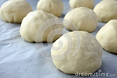 Close up view of round pieces of dough Bread Rolls Stock Photo