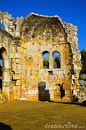 Close-up view ruins of antique city. Kanlidivane ancient city in Mersin Province, Turkey Stock Photo