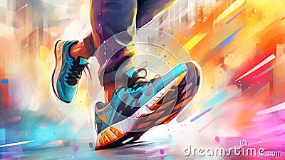 Close up view of runner sport shoes. Marathon runner. Feet in running sneaker shoes. People activity. Generative AI. Illustration Stock Photo