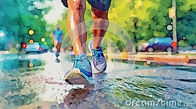 Close up view of runner sport shoes. Marathon runner. Feet in running sneaker shoes. People activity. Generative AI. Illustration Stock Photo