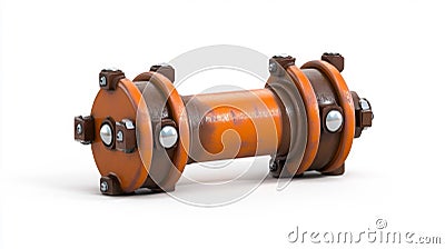 Close-up view of a rusty mechanical pipe coupling on a white isolated background Stock Photo