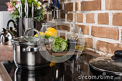 close up view of saucepan on stove Stock Photo