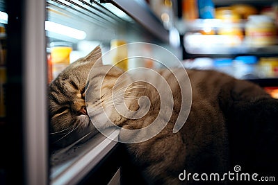 Scottish Fold cat sleep inside refrigerator. Stock Photo