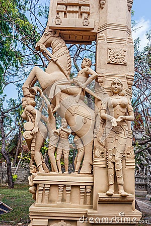 Close up view of sculptures of man playing a drum thavil in tamil, playing a Shehnai Nadaswaram in tamil, riding a horse, and Editorial Stock Photo