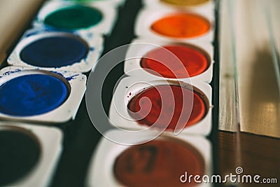 Close up view of set of watercolor paints as background. Palette of colors. Stock Photo