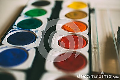 Close up view of set of watercolor paints as background. Palette of colors. Stock Photo