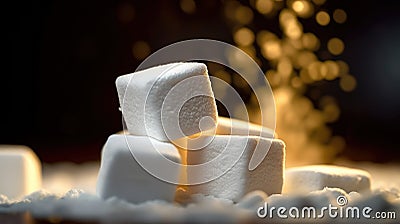 Close-up view of several marshmallows on top of each other, with one marshmallow in center. There are also two Stock Photo