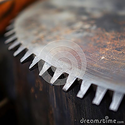 Close-up view of a sharp saw blade highlighting precision and craftsmanship in tool design and usage for woodworking Stock Photo