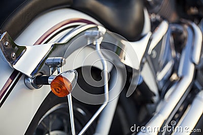 Close up view of a shiny chrome motorcycle design engine with bl Stock Photo
