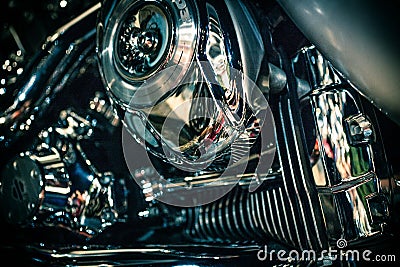 Close up view of a shiny motorcycle engine. Macro Stock Photo