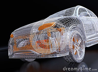 Close up view of silver and yellow wire frame of electric SUV on black background Stock Photo