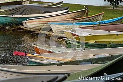 Close up view of small rowing boats on beach Stock Photo